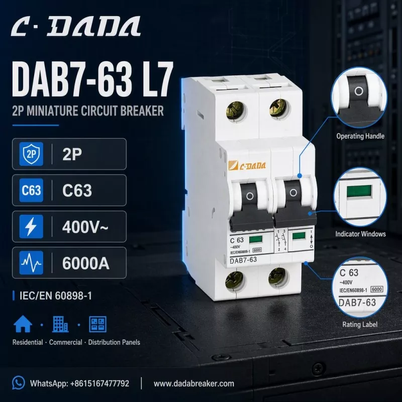 DAB7-63 L7 2P MCB - ဖြန့်ဝေမှုအကန့်များအတွက် ရှင်းလင်းပြီး ကျစ်ကျစ်လစ်လစ် အကာအကွယ်